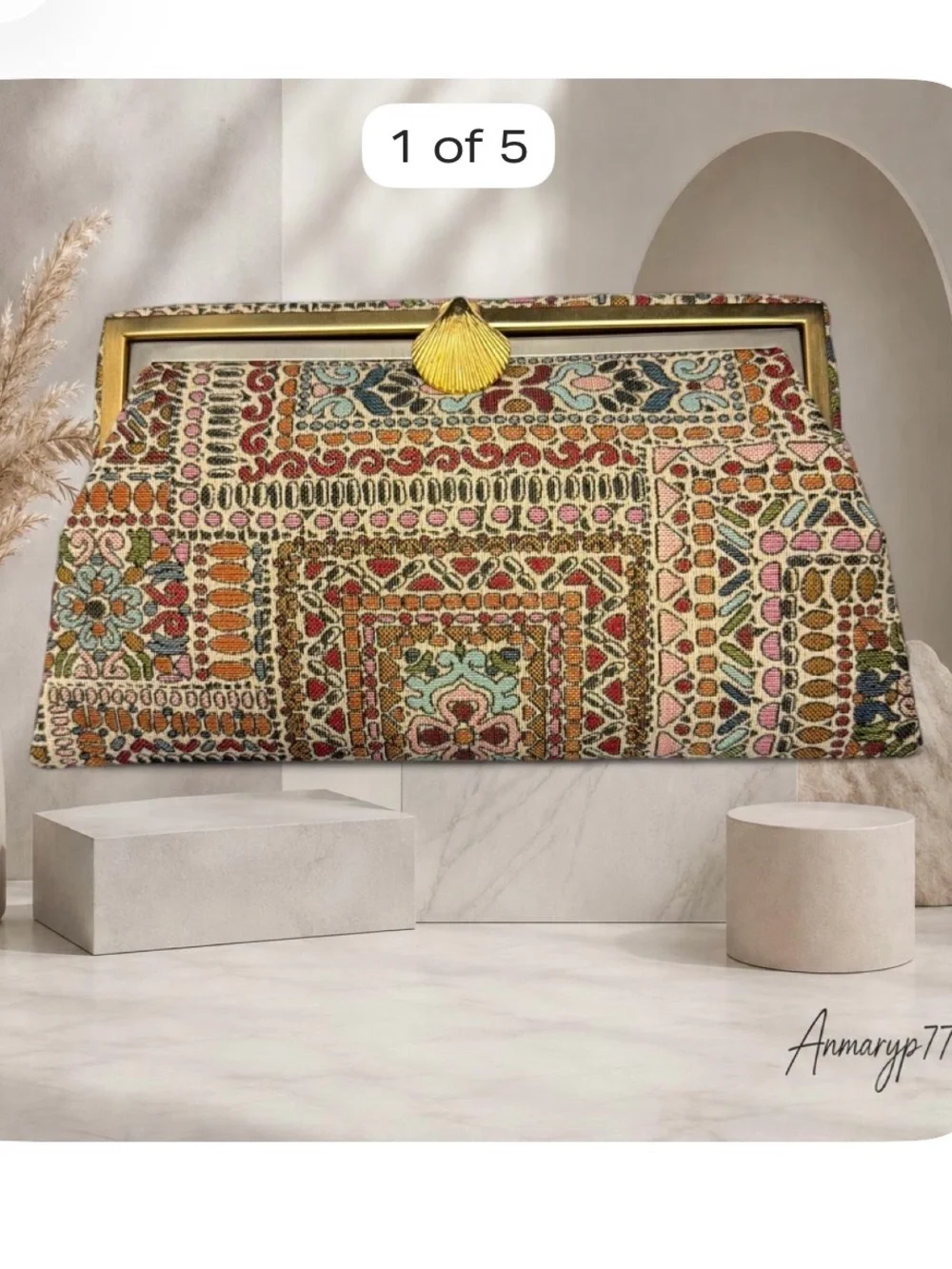 Embroidered Multicolor Decorative Clutch with Gold Tassel